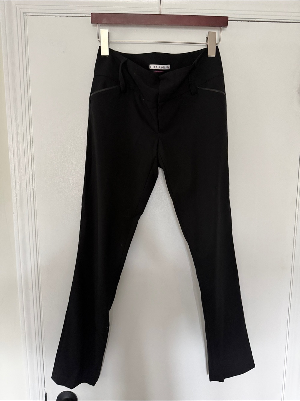 Alice + Olivia Black Straight-Leg Pants 100% wool leather piping